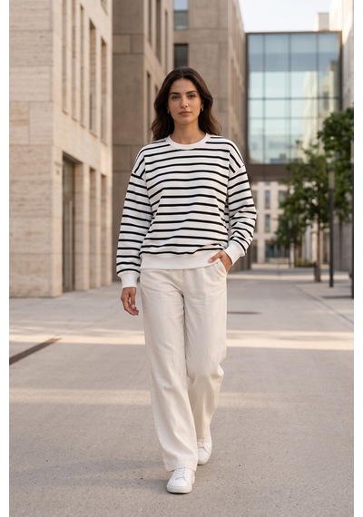 Rovebella Breton Blanc Çizgili İnce Penye Sweatshirt Beyaz