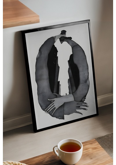 Brush Echo Siyah Ahşap Çerçeveli Poster, Dekoratif Soyut Monokrom Duvar Tablosu