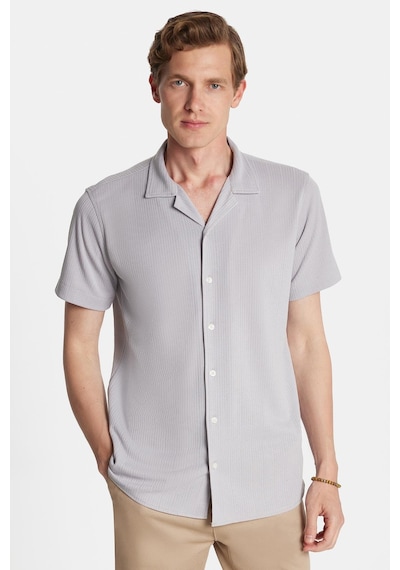 Tudors Erkek Slim Fit Yazlık Örme Dokulu Kısa Kollu Apaş Yaka Gri Gömlek-34775 Gri