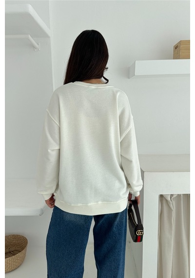 Femelle Kadın Beyaz Boncuk İşlemeli %100 Pamuk Sweatshirt