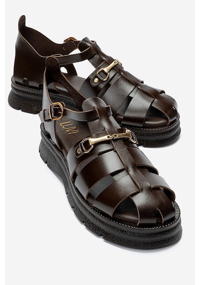 Luvishoes Rıela Kahverengi Hakiki Deri Tokalı Kadın Sandalet
