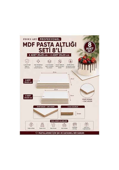 Profesyonel Mdf Pasta Altlığı Seti 8'li 4 Adet 25x25 Cm + 4 Adet 20x20 Cm 3 Mm Tek Yüzü Beyaz Premium Pasta Sunum Altlığı Beyaz / Kahverengi