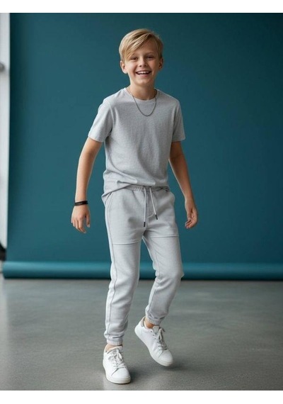 Zekids Erkek Çocuk Pamuklu Beli Paçası Lastikli Eşofman Alt-16637 Gri