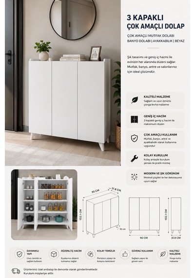 Renazzo %100 Mdf 3 Kapaklı Çok Amaçlı Dolap Mutfak Dolabı Banyo Beyaz