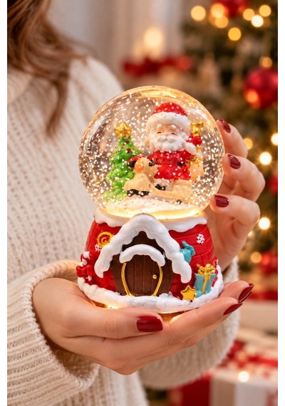 2027 Yılbaşı Yeni Yıl Hediyesi Işıklı Müzikli Noel Baba Yılbaşı Çam Ağacı Temalı Kar Küresi 13x8 Cm