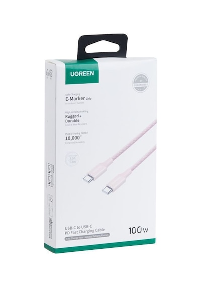 Ugreen Usb-c 100w 5a Qc Pd Örgülü Hızlı Şarj Kablosu, 1 Metre, Pembe, 65251 -