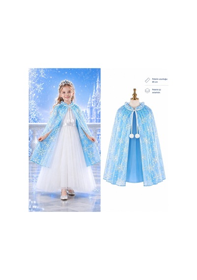 Kar Tanesi Desenli Mi Elsa Pelerini - Astarlı Frozen Pelerini 85 Cm Çok Renkli