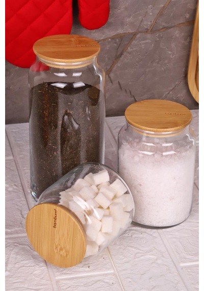Zone - 3'lü Cam Saklama Kabı 600ml-800ml-1300ml Vakumlu Bambu Kapaklı Sku: Smgstk2819dbc246
