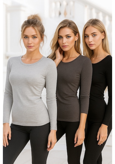 Kadın Gri Melanj-füme-siyah 3'lü Paket Bisiklet Yaka Uzun Kollu Body Gri Melanj-füme-siyah