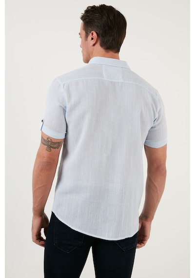 Buratti % 100 Pamuk Keten Görünümlü Slim Fit Kısa Kollu Erkek Gömlek Cf21S111766 Mavi