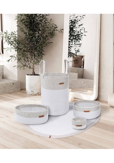 Koza Home Cesta El Yapımı Pamuklu Beyaz Gri Hasır Dekoratif Sepet 15cm