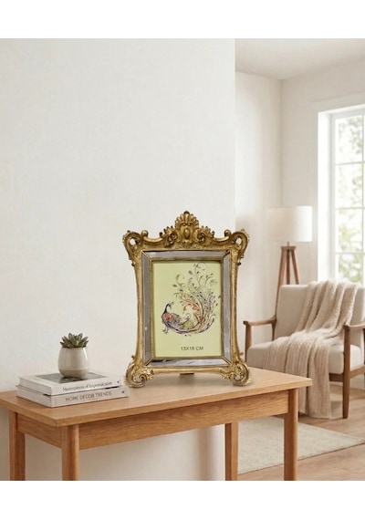 Taçlı Barok Aynalı Fotoğraf Çerçevesi Eskitme Altın / Gold 13x18 Cm