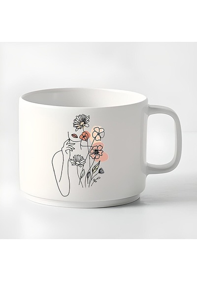 Duble Türk Kahvesi Fincanı & Espresso Fincanı Minimal Çizgisel Kadın Küçük Kupa Beyaz