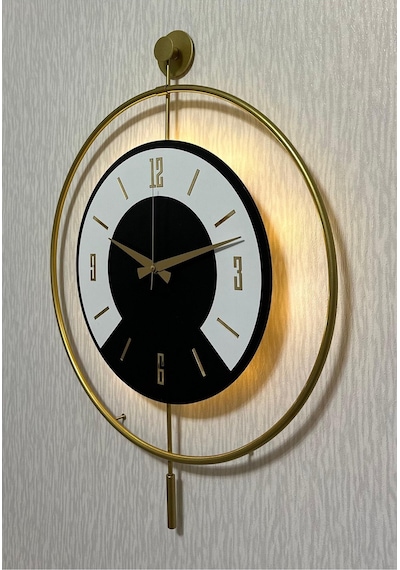 Pey Aksesuar 50x70 Cm Metal Ahşap Ve Işığın Muhteşem Uyumu Duvar Saati Dekoratif Ahşap-m54-gold-siyah-dikkat -beyaz-gold