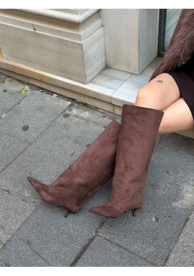 Erva'nın Butiği Kahve Süet Veray Xl Oversize Kalın Baldır 5 Cm Mini Topuk Çizme-6517