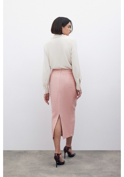 Sateen Süs Düğmeli Tüvit Kalem Etek - Pudra-135077 Pudra