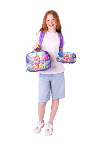 Kaukko Kids Dört Bölmeli Okul Çantası + Beslenme +kalemlik Seti Dondurma - Kız Çocuk - Kırmızı Mavi Kırmızı - Mavi
