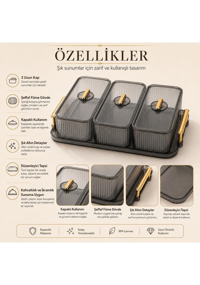 3'lü Kapaklı Kahvaltılık Seti, Standlı Füme Sunum Ve Saklama Kabı Diğer