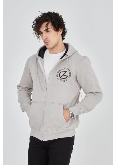 Erkek 3 İplik Pamuklu Fermuarlı Kapüşonlu Kanguru Cepli Hoodie - Boyalı Gri