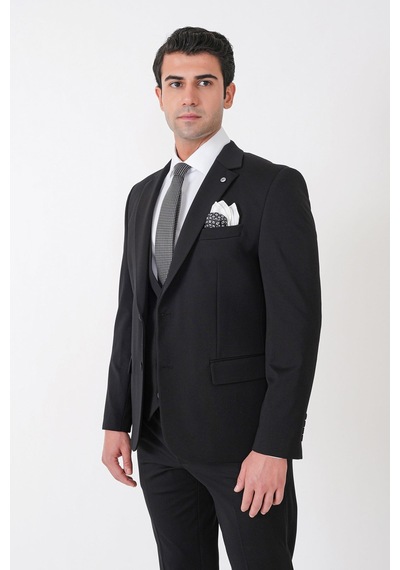 Efor Slim Fit Esnek Pamuklu Dokulu Siyah Yelekli Takım Elbise Tk 959