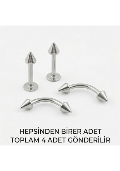 4'lü Kararmaz Cerrahi Çelik Koni Uçlu Piercing Seti Kaş Göbek Tragus Helix Dudak Rook Kıkırdak Küpe Gümüş