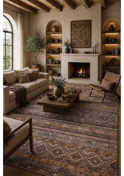 Etnik Kilim Desenli Pamuk Taban Yıkanabilir Baskılı Dekoratif Halı Vizon