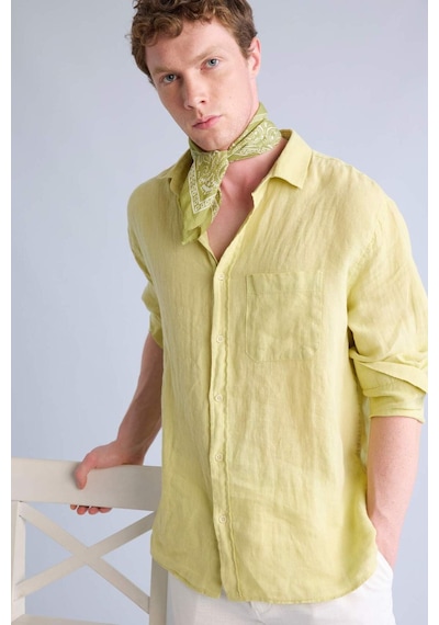 Defacto %100 Keten Relax Fit Uzun Kollu Gömlek F4598ax25hsgn659 Yeşil