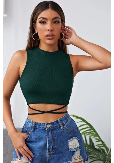 Kapsulavm Kadın Yeşil Çapraz Bağlamalı Crop Top Büstiyer