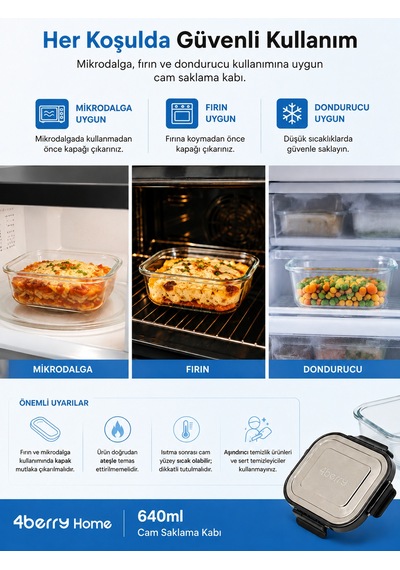 640 Ml Kilitli Cam Saklama Kabı İnoks Kapaklı Yemek Ve Kahvaltılık Kabı Şeffaf