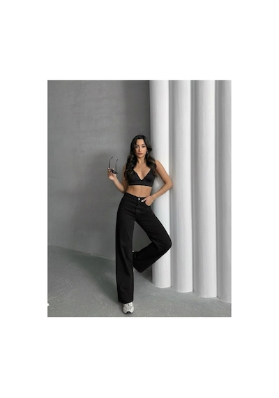 Kene Jeans Kadın Siyah Yüksek Bel Paça Kesik Bol Paça Jeans Pantolon Siyah