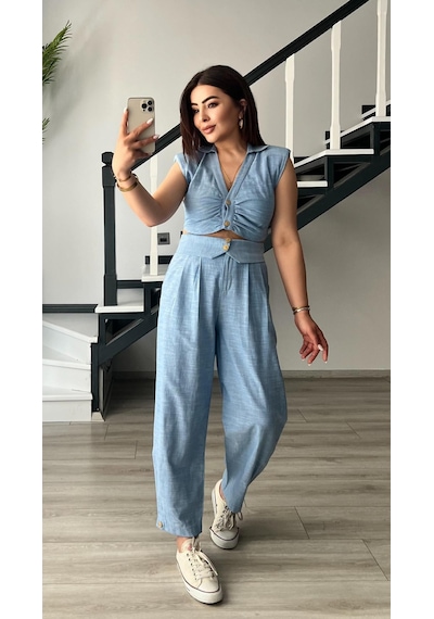 Bebe Mavi Omuz Vatka Detaylı Crop Bluz - Pantolon Takım Bebe Mavi