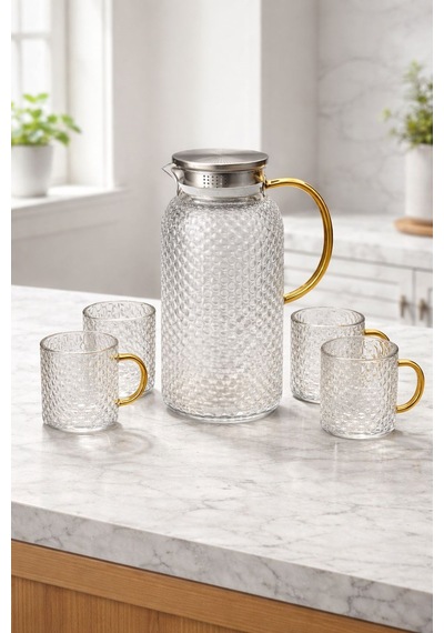 Morponi Borosilikat Cam Gold Saplı Buzlu 5 Parça Sürahi Takımı Royal 1800 Ml