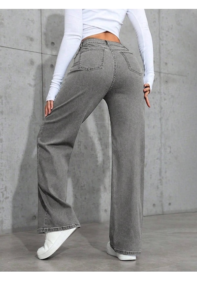 Füme Palazzo Pantolon Wide Leg Yüksek Bel Denim Jeans Füme