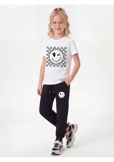 Fyk Kids Yuvarlak Yaka Tişörtlü Uzun Eşofman Altlı Baskı Detaylı Kız Çocuk Alt Üst Takım Beyaz