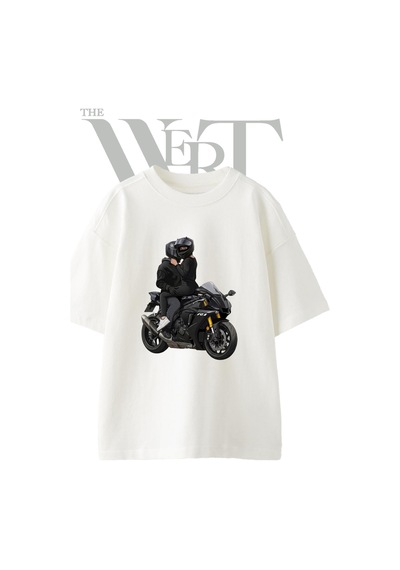 Thewert Motorcu Sevgili Tasarım Baskılı Ünisex Beyaz Oversize T-shirt