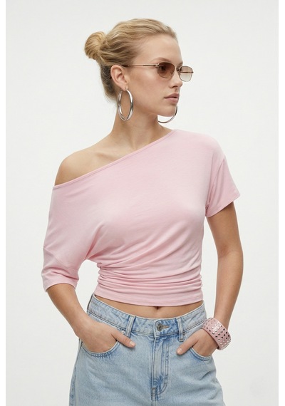 Ritnice Kadın Lona Bele Oturan Yan Büzgülü Pembe Örme Bluz