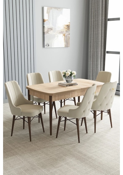 Zümra Serisi, Meşe Desen 80x132 Açılabilir Mdf Mutfak Masası Takımı 6 Adet Sandalye, Krem Zümra Serisi, Meşe Desen 80x132 Açılabilir Mdf Mutfak Masası Takımı 6 Adet Sandalye, Krem