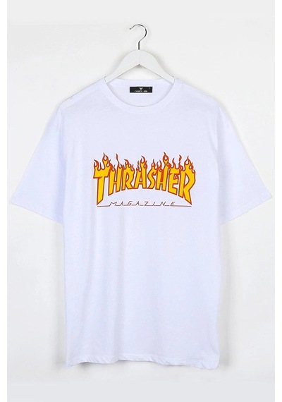 Tarzsokak Beyaz Trasher Baskılı Unisex Ovesize T-shirt Beyaz