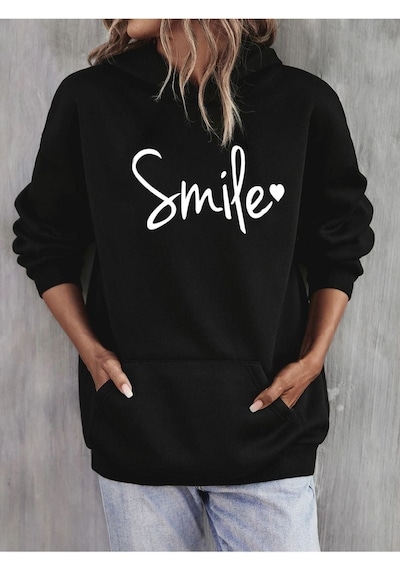 Smile Sweatshirt - Siyah Baskılı Oversize Kapüşonlu Siyah