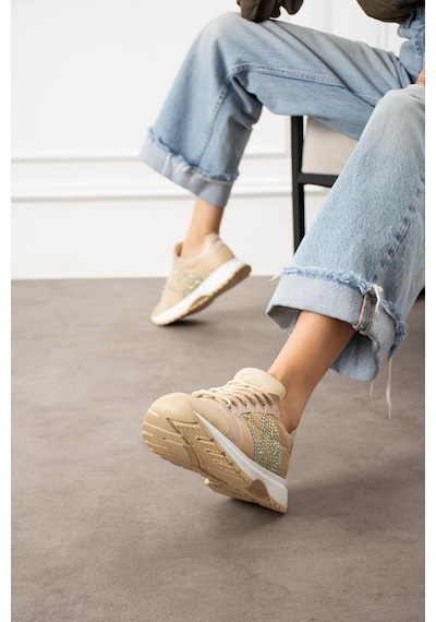 Shoetek Beatriz Kadın Sneakers Yandan Taşlı Bağcıklı Spor Ayakkabı Bej Bej