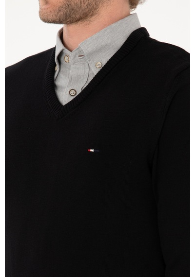 U.S. Polo Assn. Erkek Slim Fit V Yaka Siyah Basic Kazak 50313668-VR046