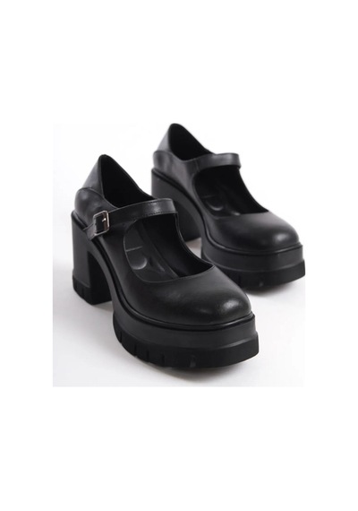 Asmi Shoes Tek Baletli Neon 8 Cm Topuklu Platformlu Loafer Ayakkabı Siyah Cilt Siyah