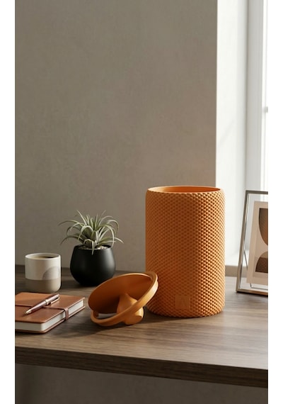 Modern Geometrik Dokulu Masaüstü Çöp Kovası - 18 Cm - Reddish Brown - Turuncu Turuncu
