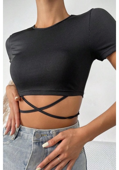 Beru Kadın Siyah Yarım Kol Çapraz Bağlamalı Crop Top Bluz L - XL