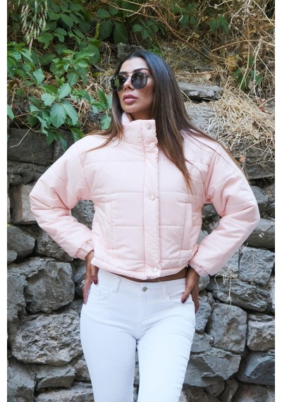 Keyifli Moda Kadın Pudra Dik Yaka Çıtçıtlı Fermuarlı Kısa Şişme Mont - 40 Pudra
