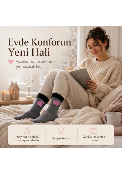 Genel 6 Lı Kadın Kışlık Havlu Çorap Sıcak Tutan Karışık Desenli Yumuşak Çoklu Çora Füme / 36-40 / 6 Adet