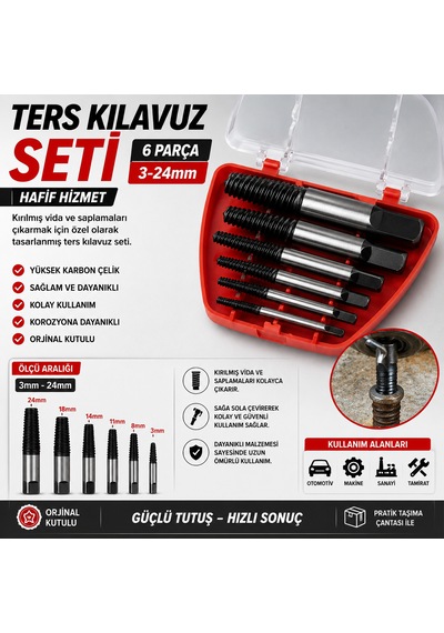 Ters Kılavuz Seti 6 Parça Kırık Vida Sökme Aparatı Matkap Uyumlu Profesyonel Çıkarma Seti
