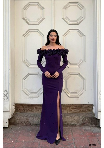 Lior Design Kadın Zarif Tasarım Esnek Krep Kumaş Straplez Abiye Elbise Mor