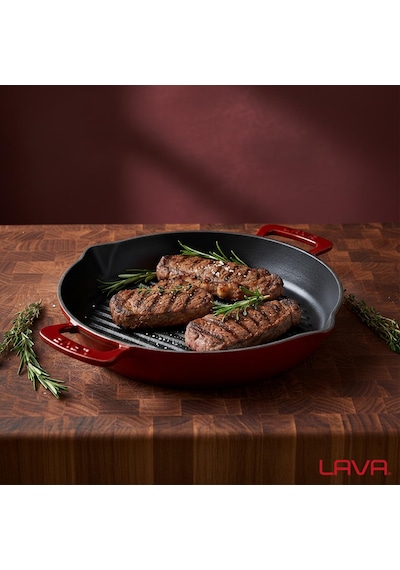Lava Döküm Yuvarlak Izgara Tavası Döküm Demir Yekpare Çift Kulplu Çap Ø 32cm.-bordo Bordo