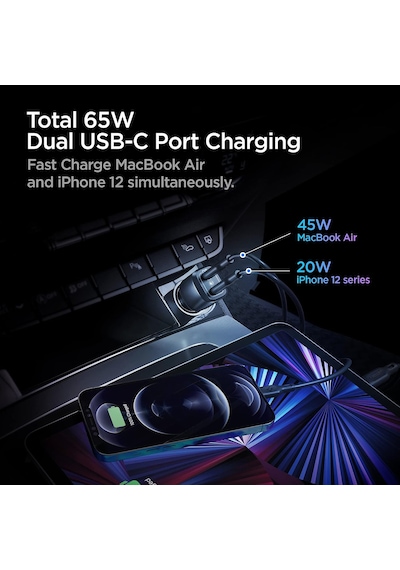 65w Usb-c 2 Port Araç İçi Hızlı Şarj Aleti Pps Desteği Akım Korumalı Güç Adaptörü Çakmaklık İphone & Android & İpad & Macbook Type-c - Acp02562